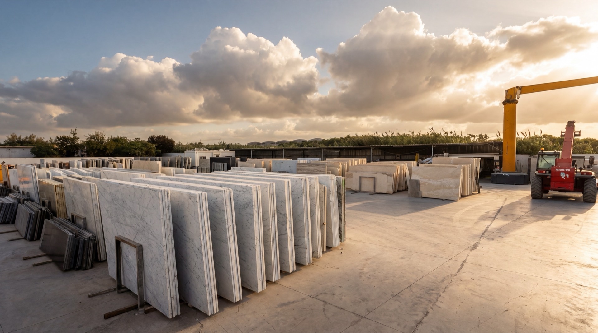 Dépôt ARCHIMAR Temara — dalles de marbre Carrara à l'heure dorée